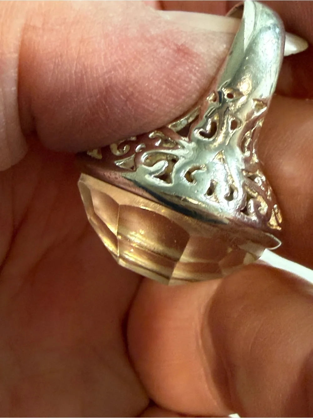 Sterling Silver 925 Filigree MOP Faceted Dome Ring Size 6.5 13 Grams